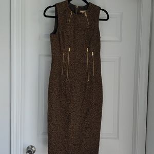 Michael Kors Brown Tweed Midi Dress with Gold Zipper Accents